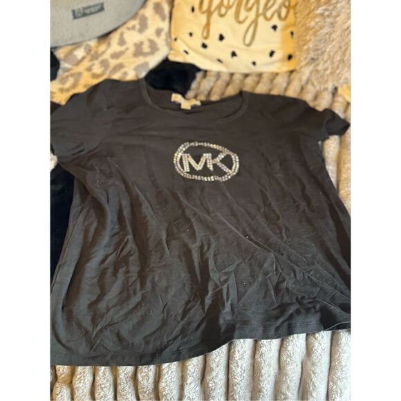 Black silver sequin mk circle logo bling tee t shirt top michael kors 1x plus - Picture 1 of 3